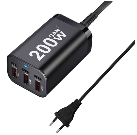 200W USB-C Schnellladegerät 6 Anschlüsse - 100W PD Universelles Ladegerät