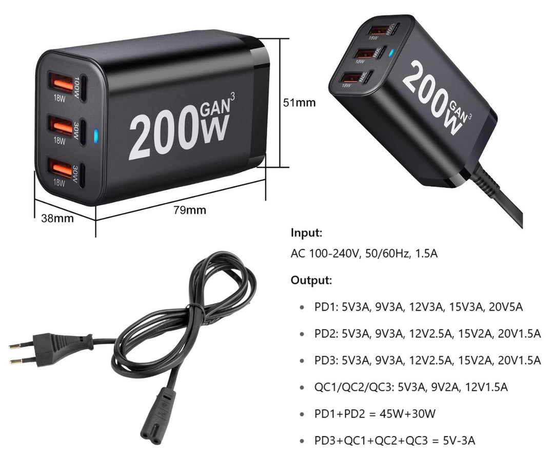 200W USB-C Schnellladegerät 6 Anschlüsse - 100W PD Universelles Ladegerät